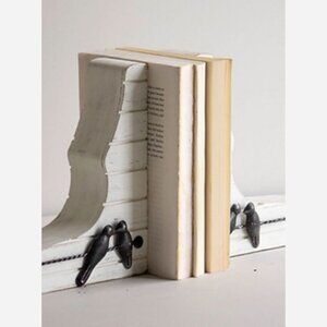 Birds on a Wire Bookends – Rustic White Wood & Metal Set of 2